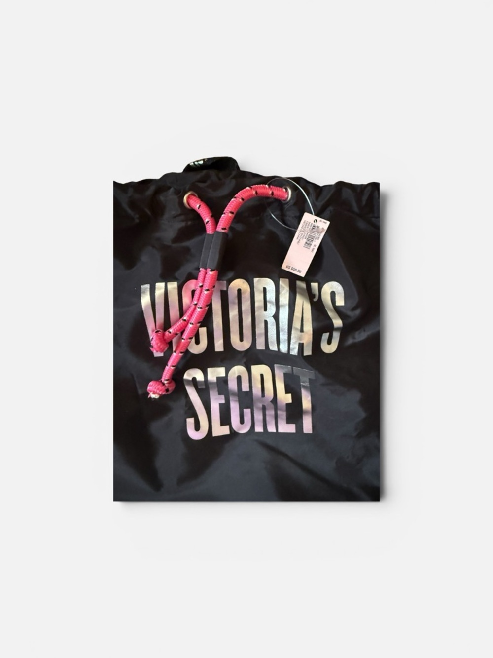 NWT Victoria's Secret Black Backpack with Silver Base and Pink Cord - Picture 2 of 6